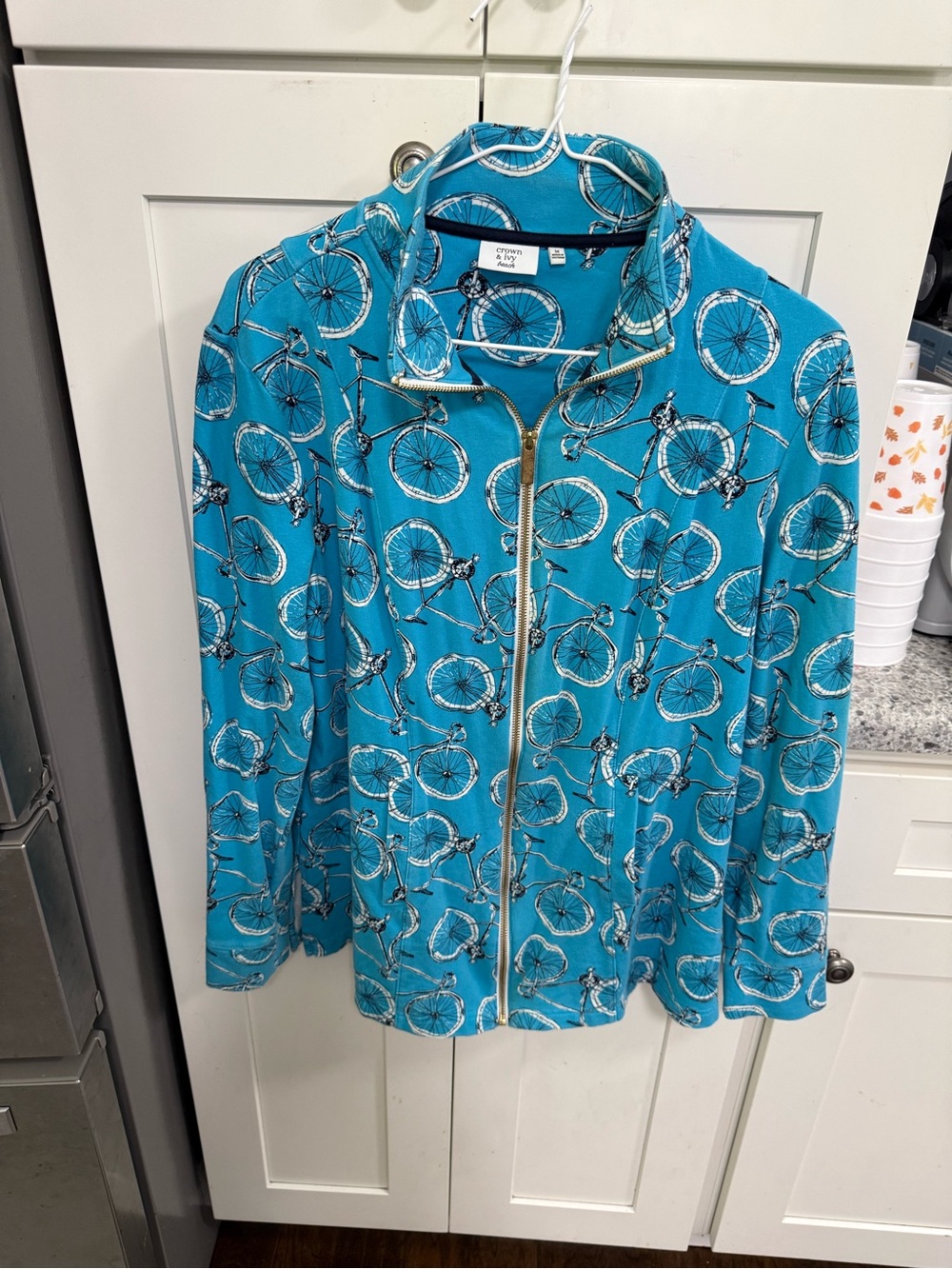 crown & ivy Teal Bicycle-Print Zip Front Jacket